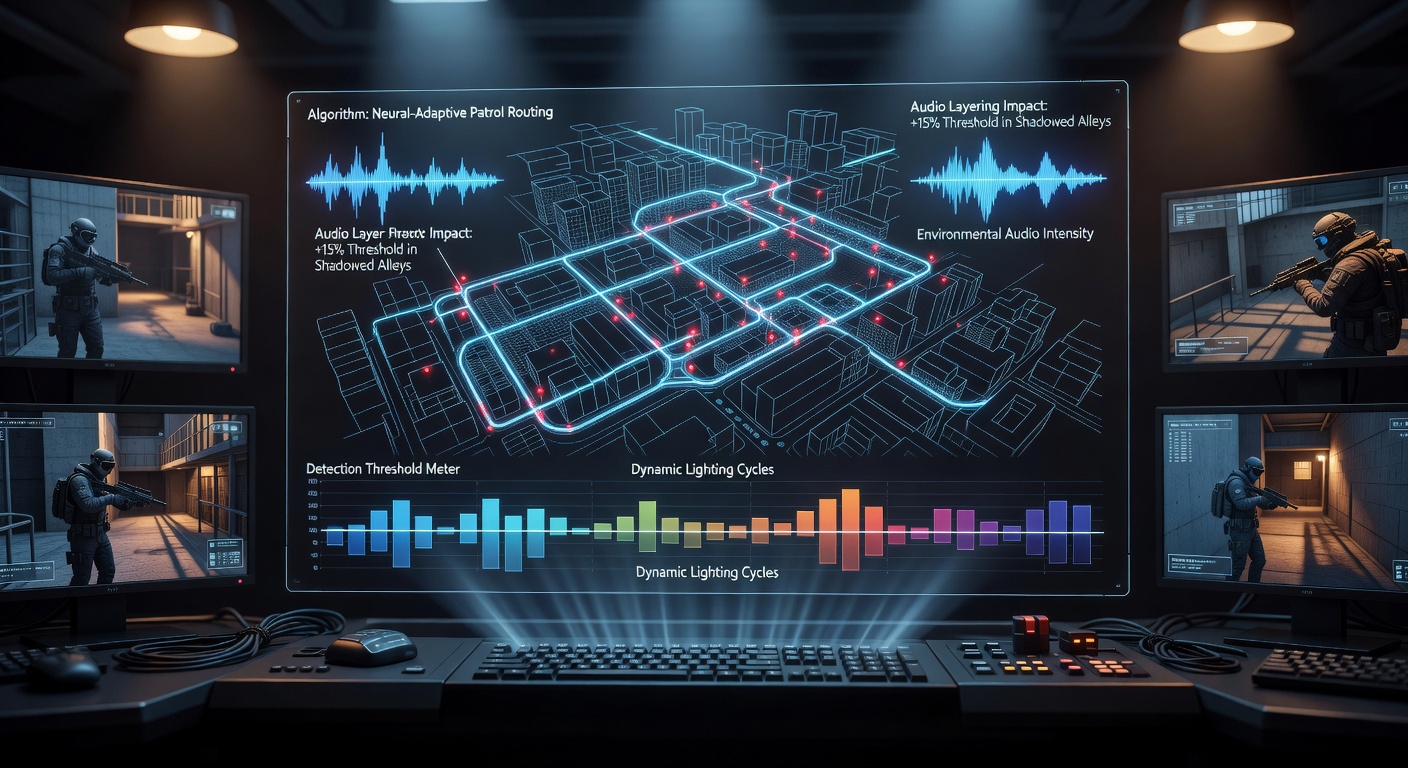 Stealth extraction game scene showing enemy patrol routes under varying light and sound conditions