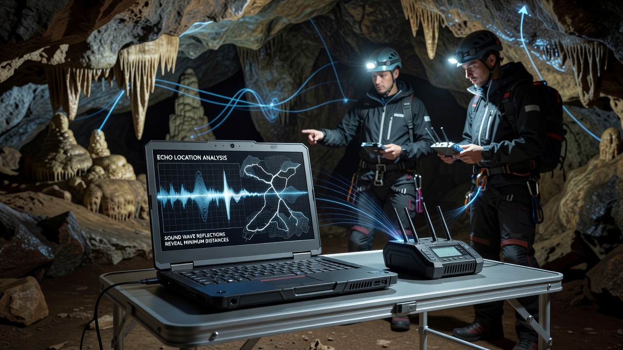 Player interface showing frequency modulation controls and reflected scan results in a cave exploration game