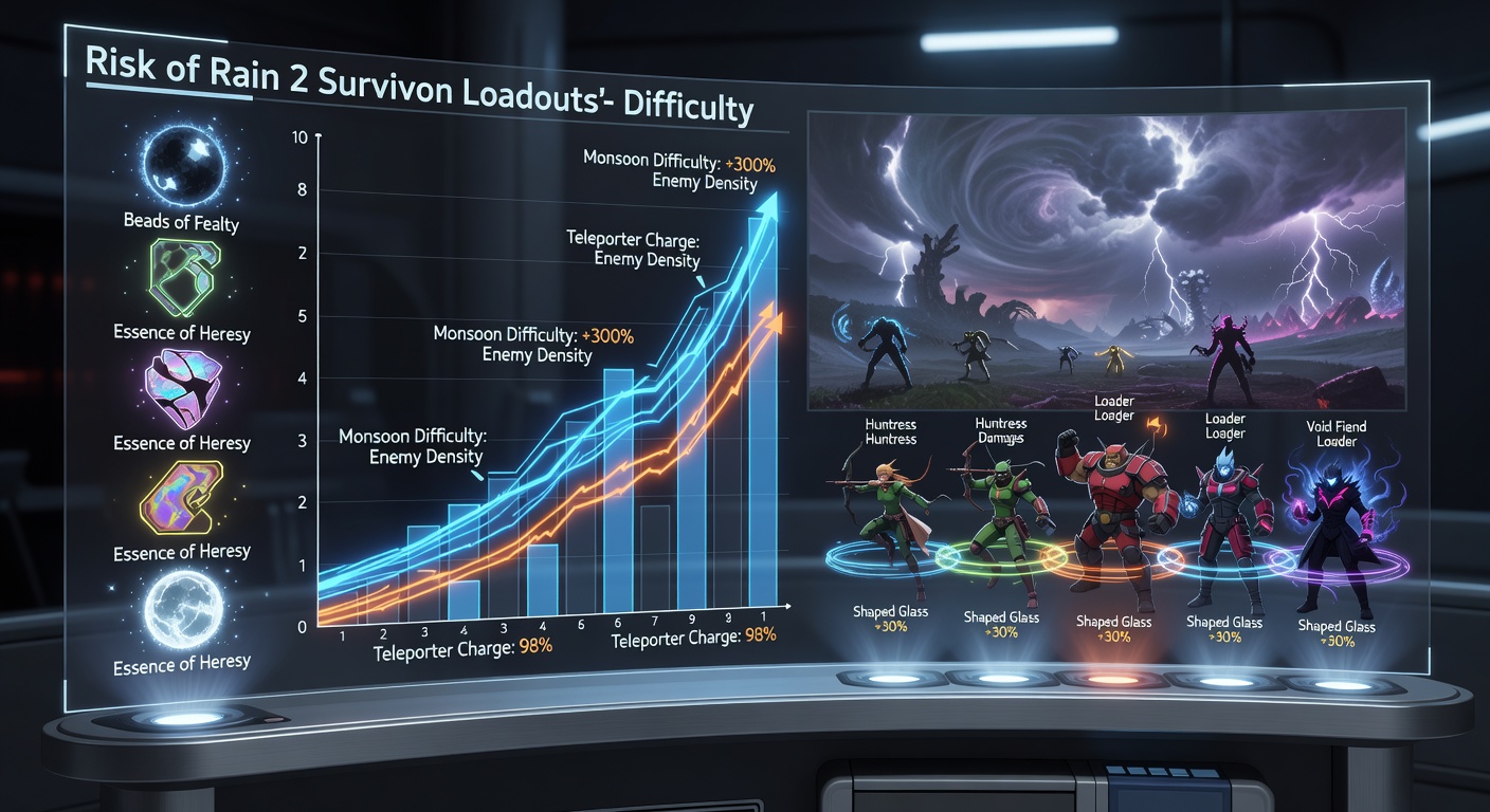 Risk of Rain 2 survivor navigating a monsoon stage with lunar items highlighted during a teleporter event