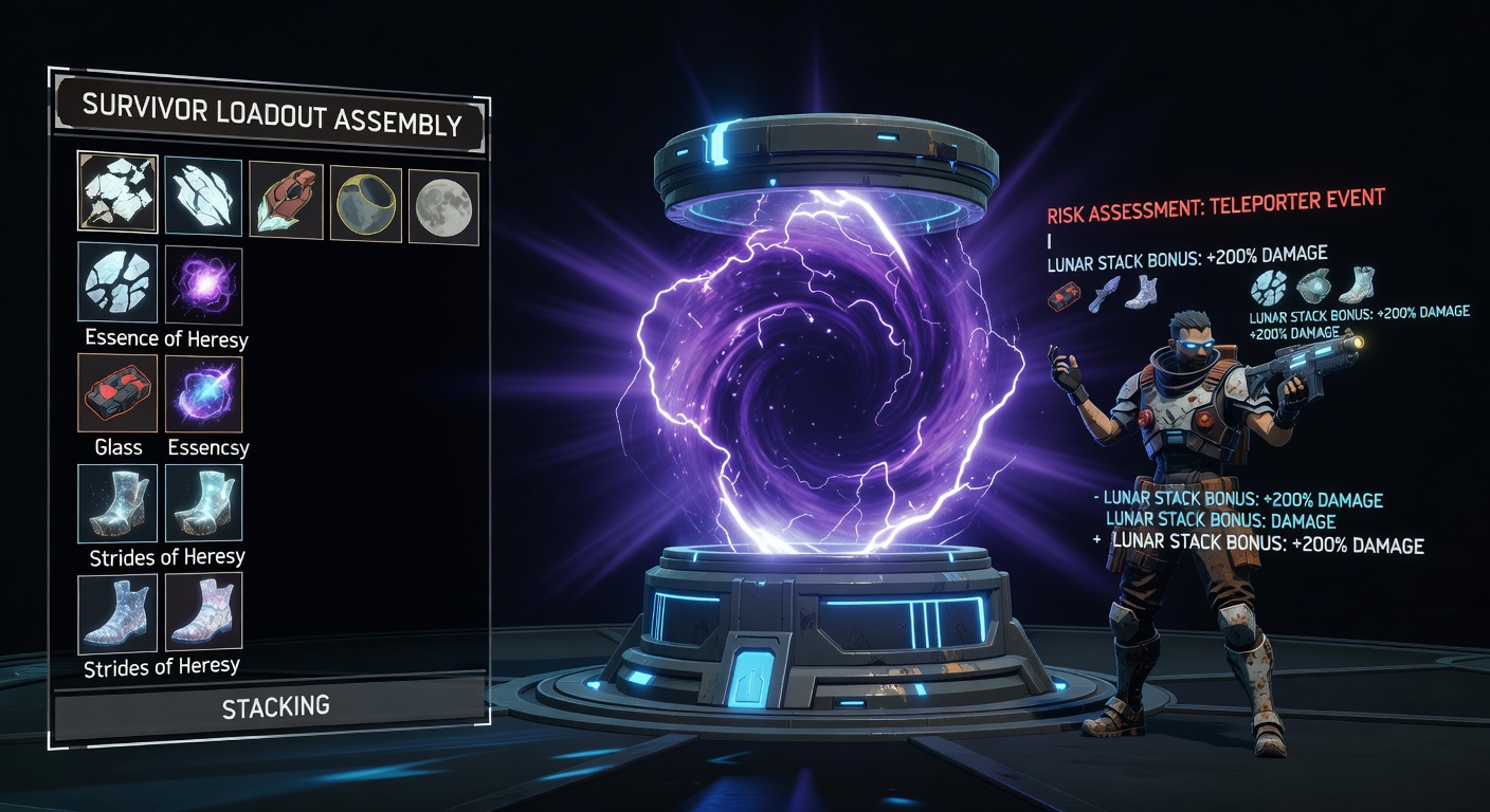 Close-up of a Risk of Rain 2 teleporter event with lunar item icons and survivor loadout overlays on monsoon difficulty