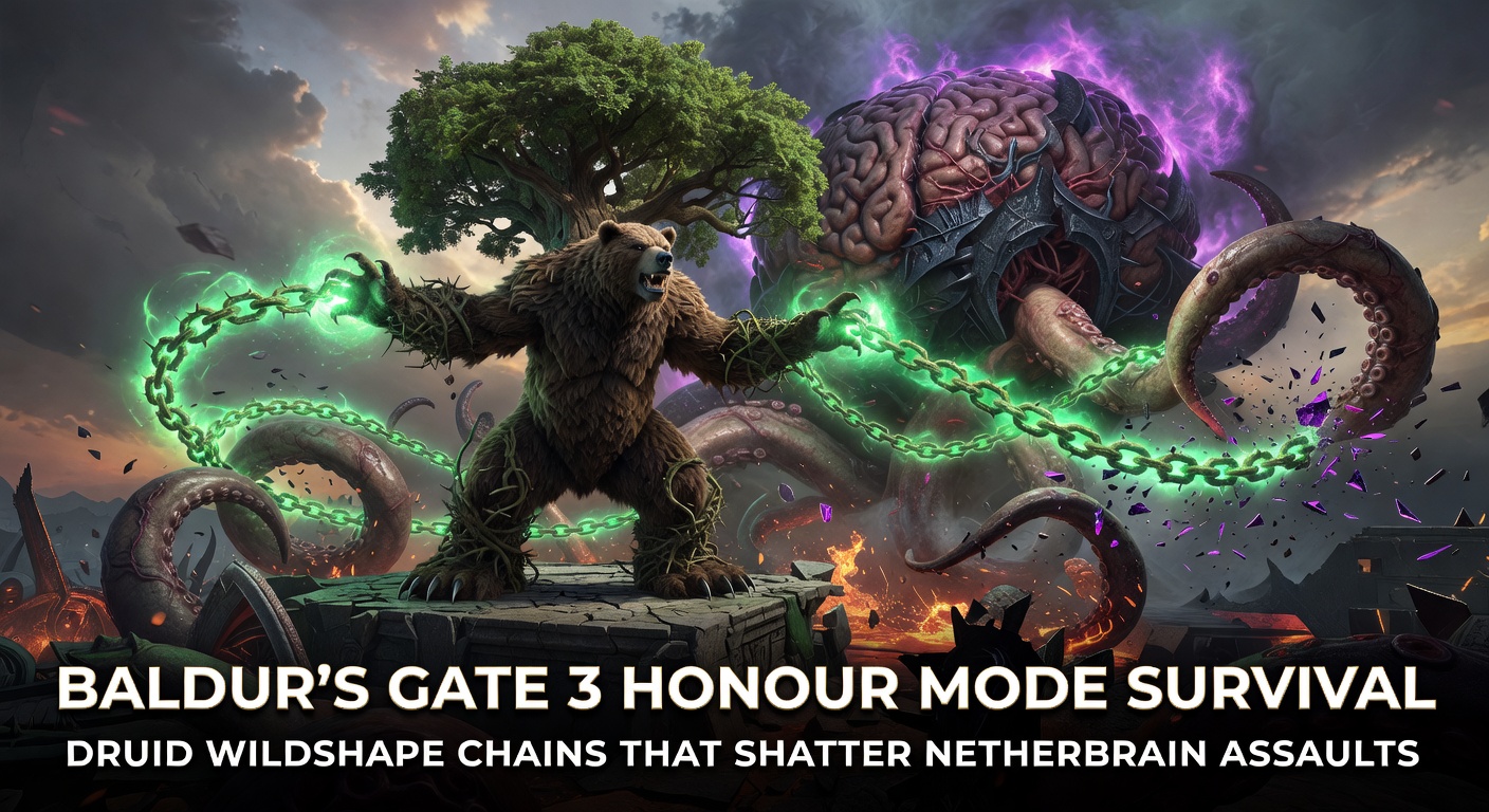 Druid transforming into a massive bear form amid the chaotic Netherbrain assault in Baldur's Gate 3 Honour Mode, tentacles lashing out in the background