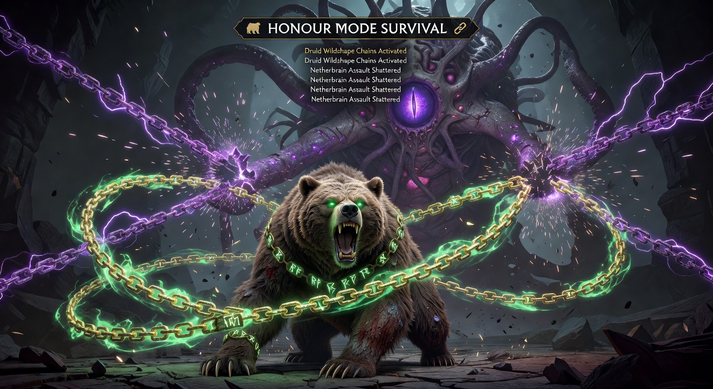 Close-up of a Druid chaining Wildshapes from spider to earth myrmidon, disrupting Netherbrain tentacles with grapples and spits in intense Honour Mode combat