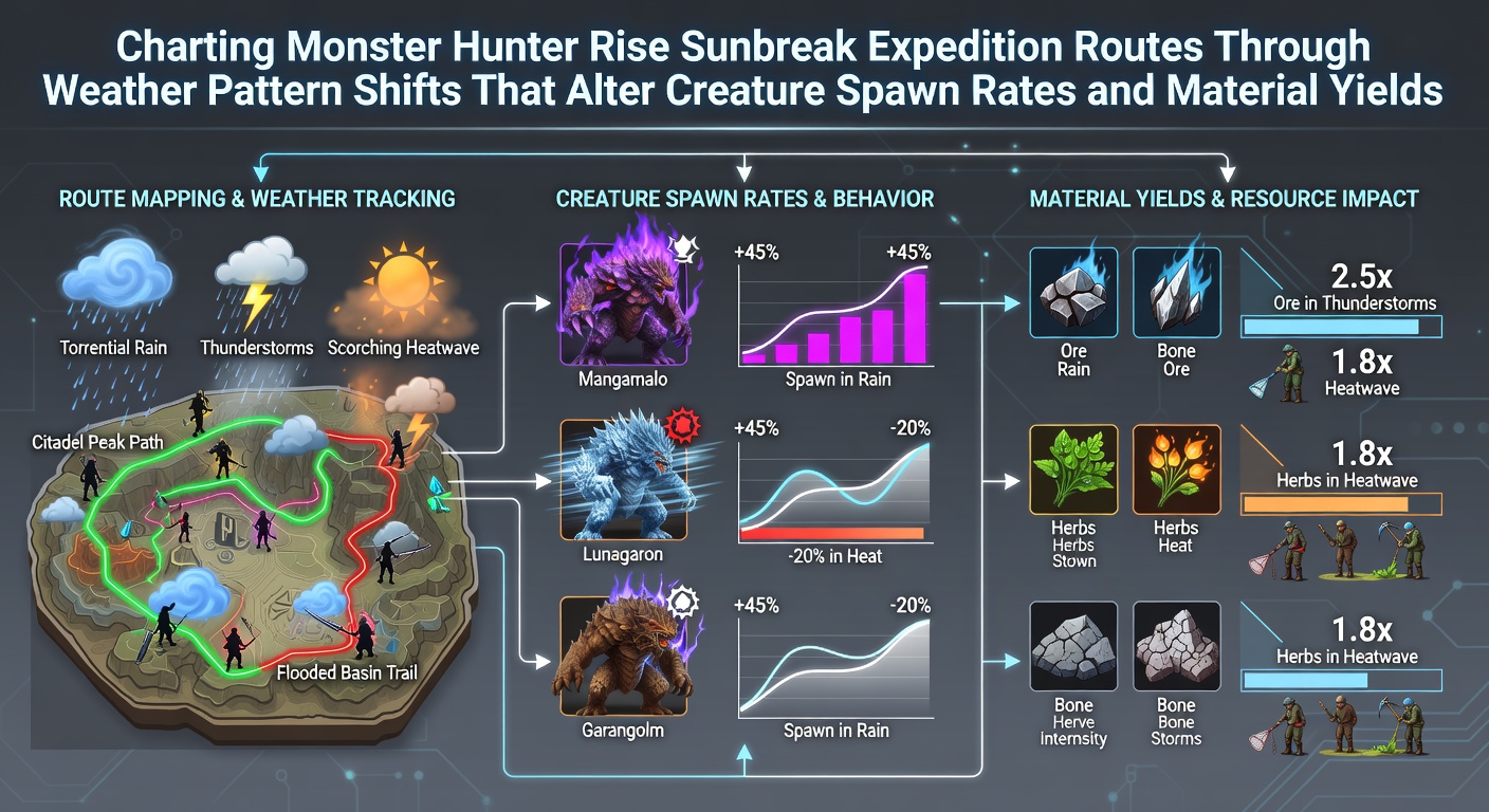 Detailed map of Sunbreak expedition routes showing weather overlays and spawn indicators across multiple zones