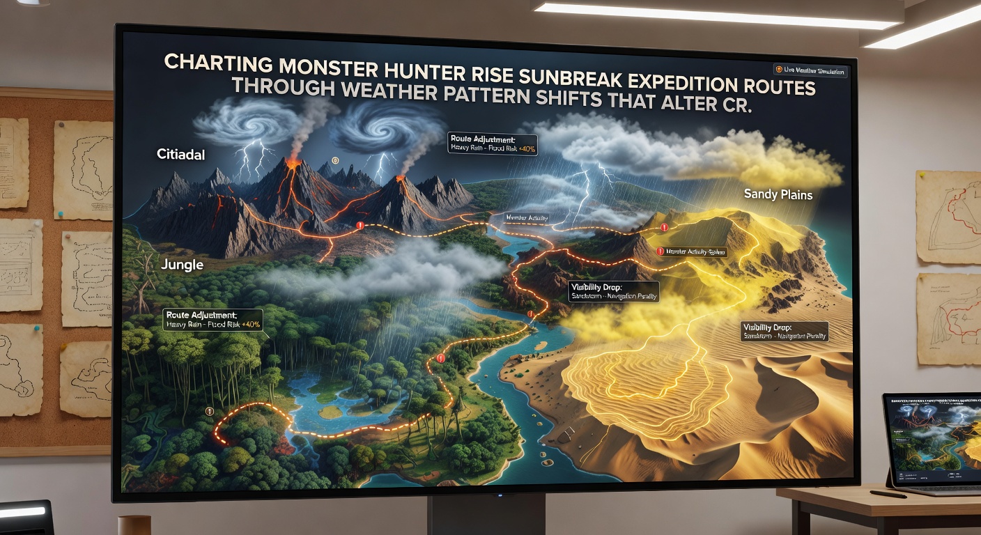 In-game screenshot of a hunter navigating a weather-affected zone with highlighted spawn points and material icons