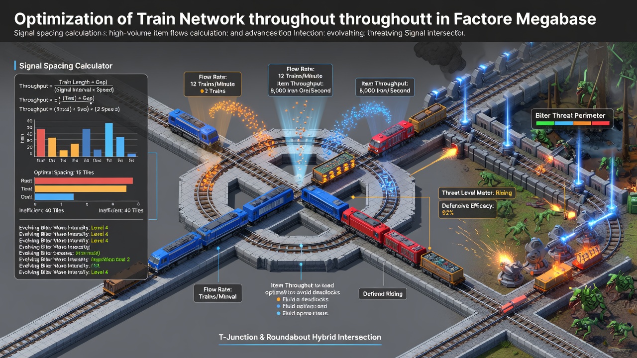 Detailed diagram of optimized train signal spacing in a Factorio megabase rail network