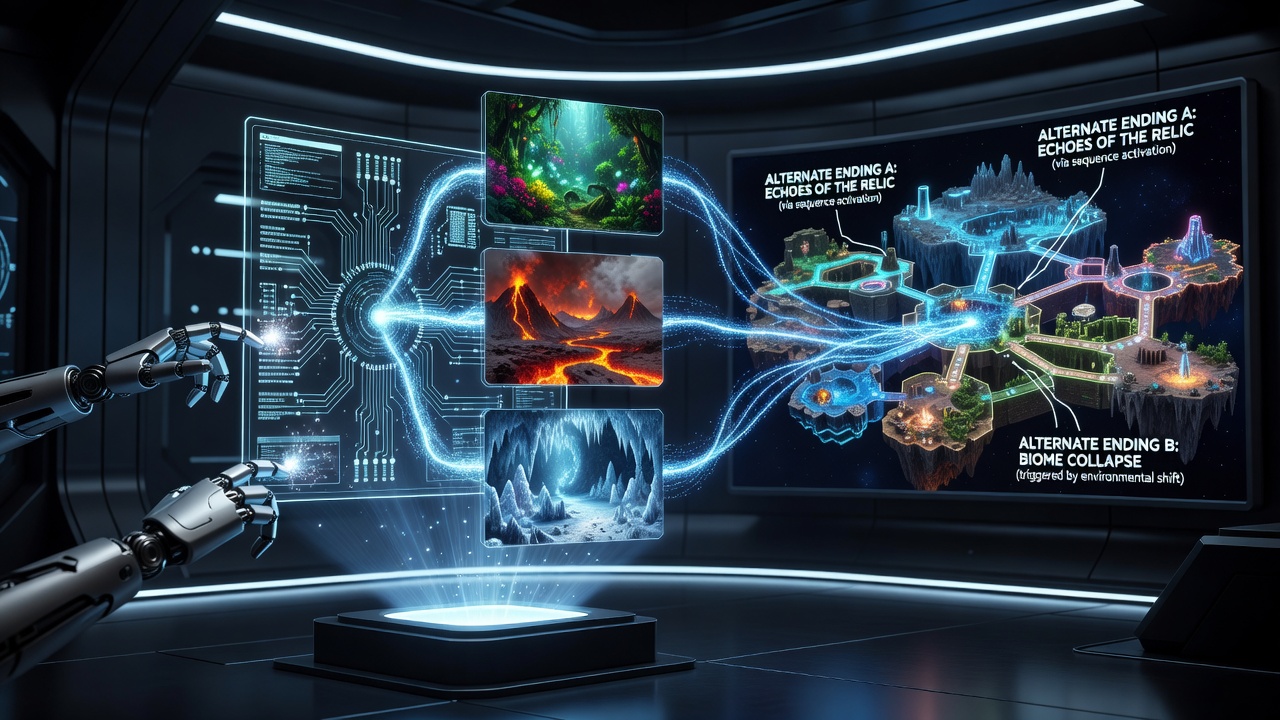 Detailed Metroidvania map showing relic icons connected to shifting biome boundaries and multiple ending paths