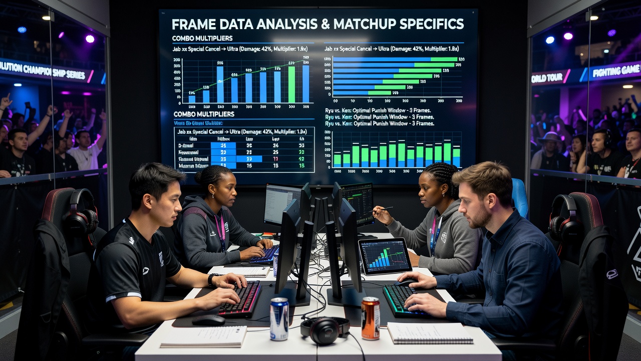 Competitors reviewing matchup charts and frame data during character selection in a fighting game event