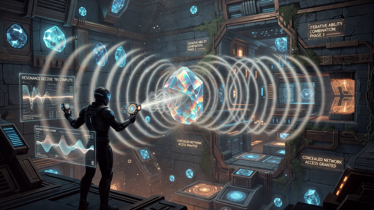 Metroidvania explorer activating an artifact resonance device in a dimly lit ancient chamber