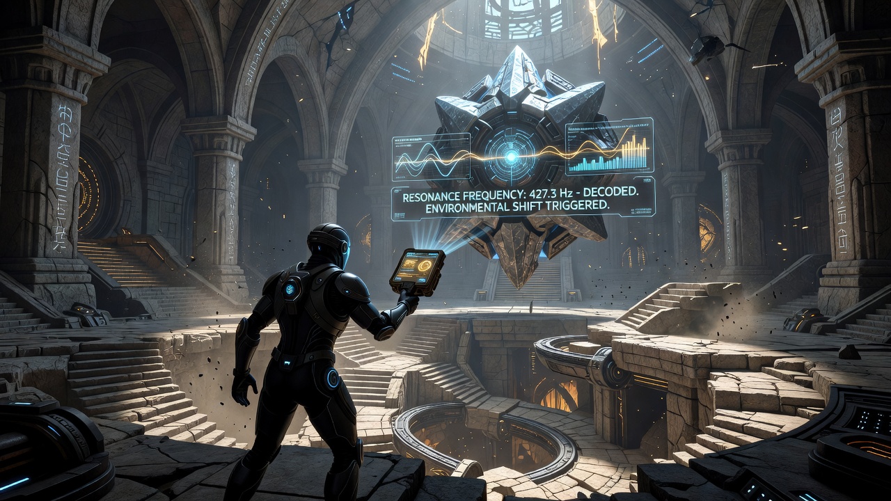 Detailed view of interconnected hidden chambers revealed after resonance frequency alignment in a Metroidvania map