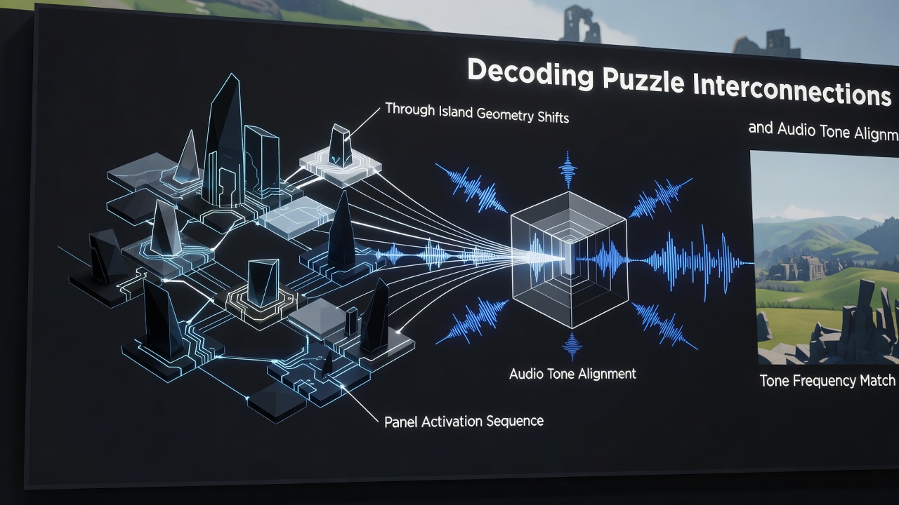Close-up of audio waveform overlays on The Witness puzzle interfaces highlighting tone alignment points