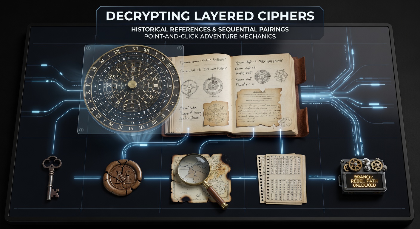 Point-and-click adventure game interface showing layered cipher puzzle with historical code references and item inventory pairings
