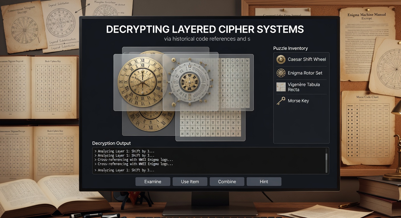 Close-up of sequential item pairing puzzle in a point-and-click adventure revealing alternate story branch through decrypted cipher