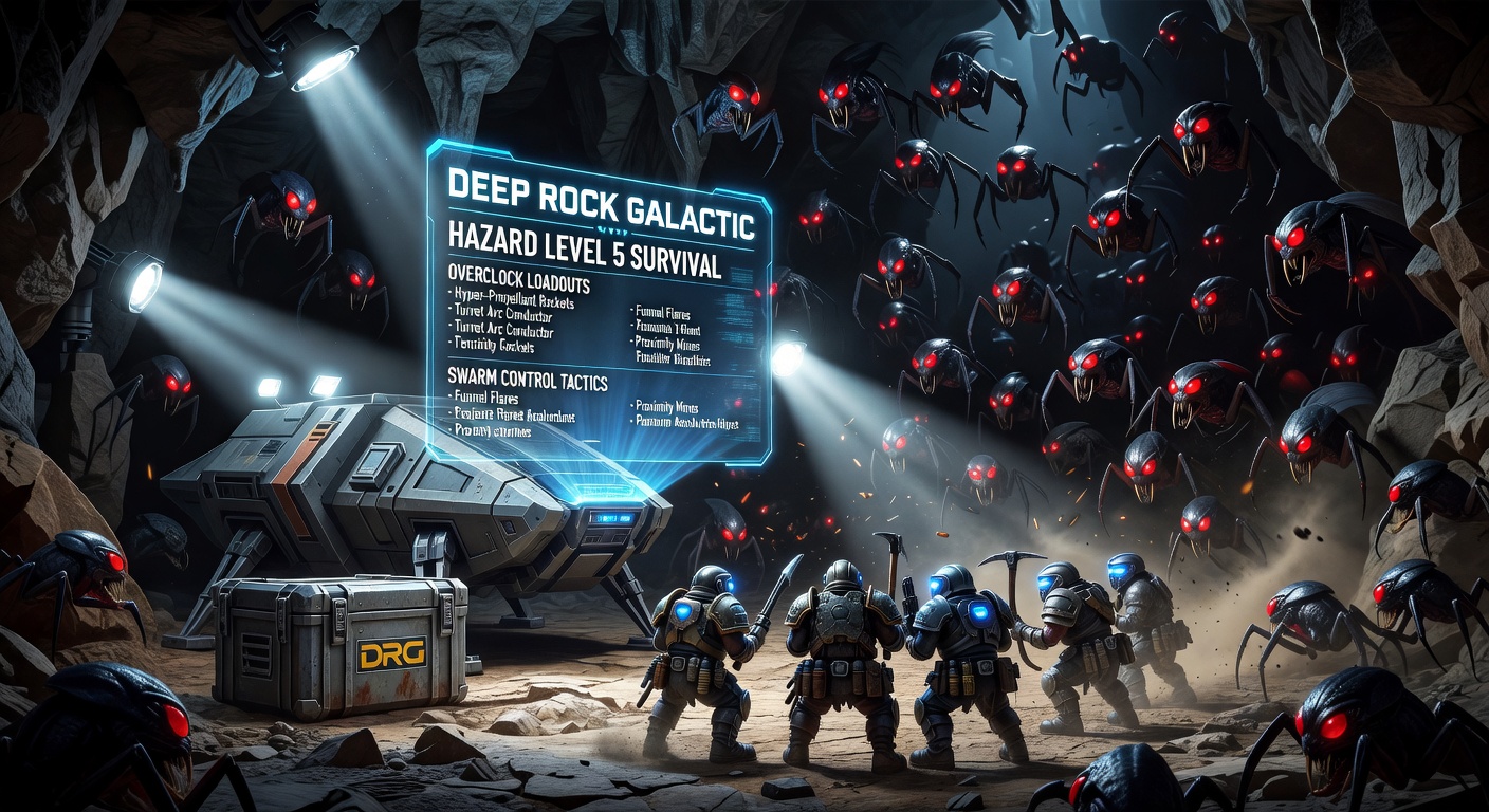 Overclocked Engineer turrets and Driller flames holding back a Hazard Level 5 glyphid breach in Deep Rock Galactic Survival