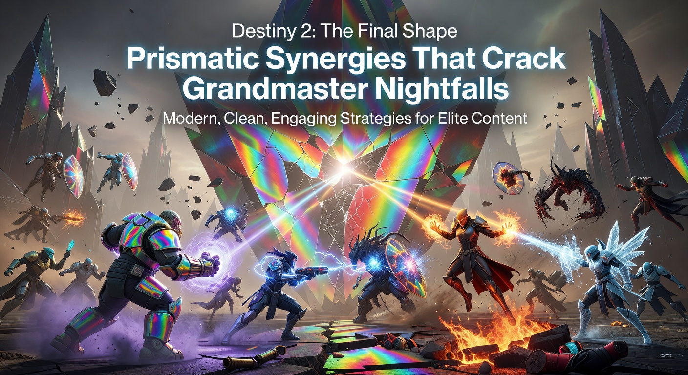 Prismatic Guardian unleashing Transcendence in a Grandmaster Nightfall strike, showcasing swirling light and dark energy amid enemy hordes