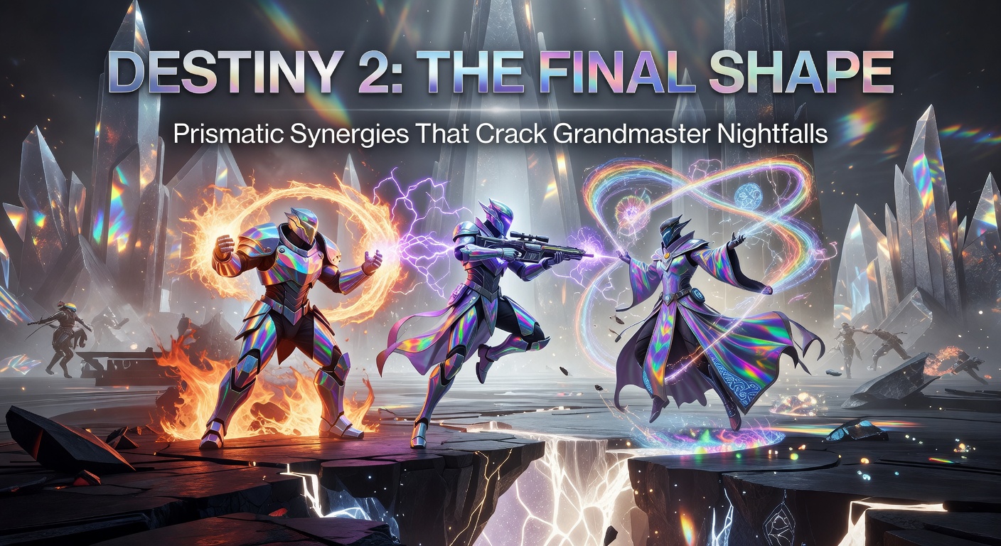 Warlock Prismatic build in Transcendence mode, firing abilities amid a chaotic Grandmaster Nightfall arena filled with champions and majors