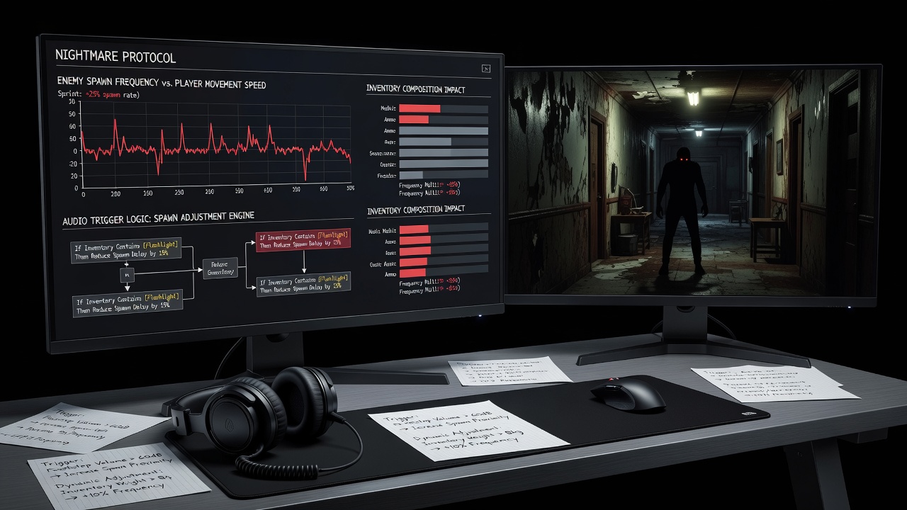 Procedural audio visualization showing sound wave patterns linked to enemy spawn zones in a horror game environment