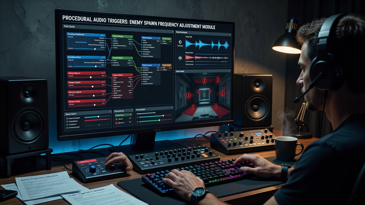 In-game screenshot illustrating inventory management screen overlaid with audio trigger indicators and spawn probability meters