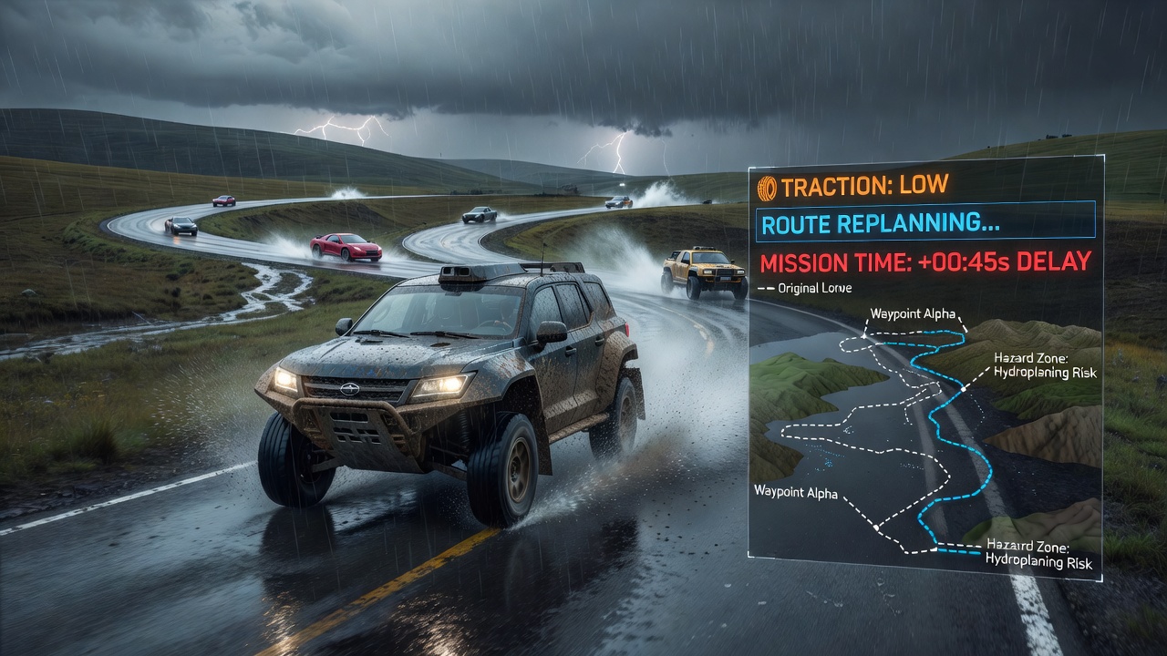 Simulation interface showing vehicle traction adjustments during a rain event in an open-world driving environment with visible weather overlays and route indicators