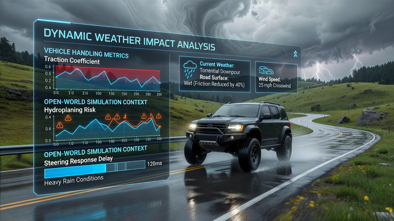 Overhead map view illustrating multiple route options with weather overlays and estimated completion time comparisons in a competitive simulation event