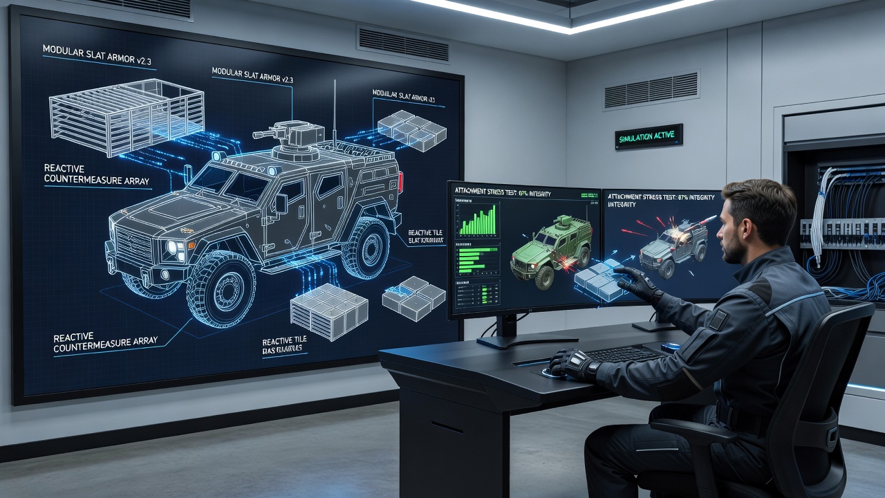 Overhead view of multiple vehicle configurations during a swarm engagement test in a vehicular combat simulator with highlighted defensive module placements