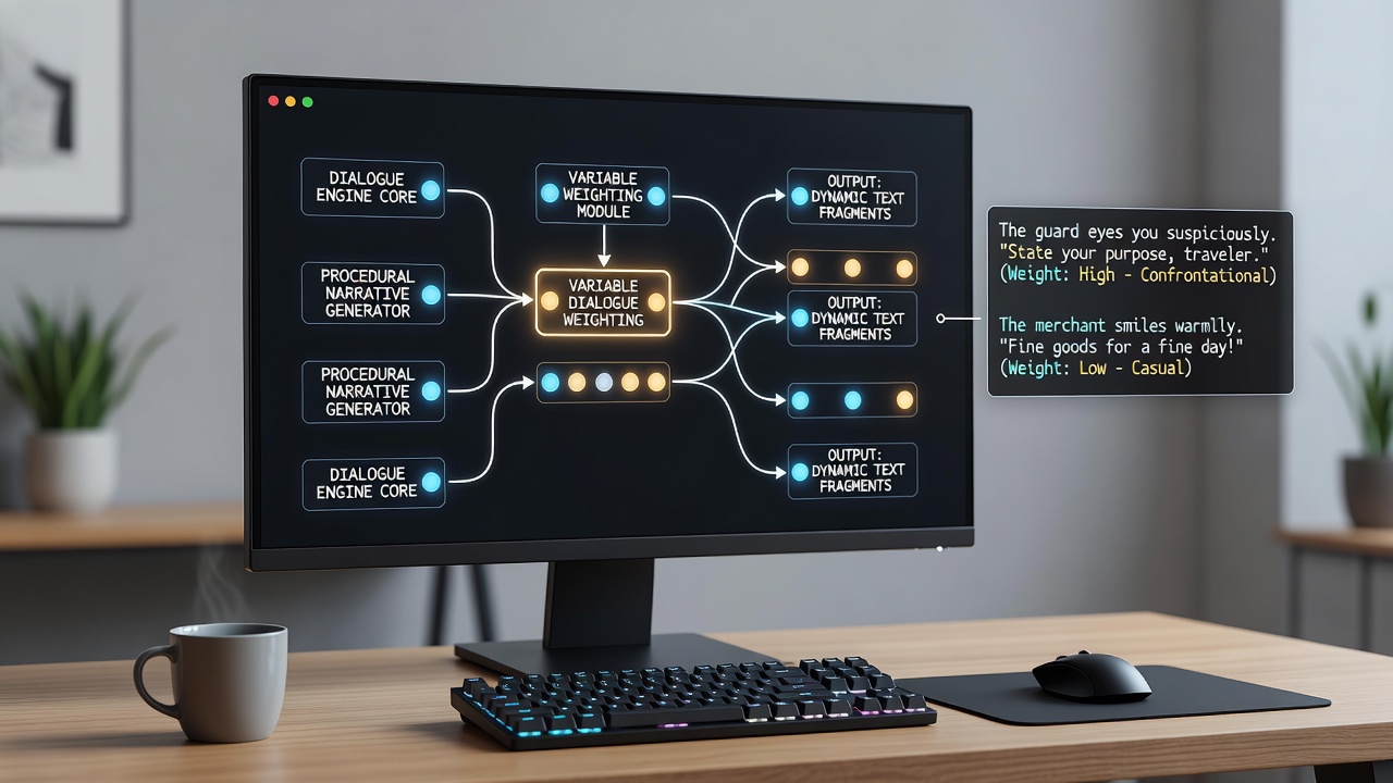 Flowchart of memory state tracking updating dialogue weights in procedural text adventures