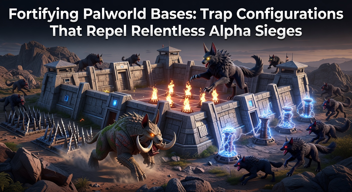 A heavily fortified Palworld base under siege by a pack of Alpha Pals, with traps detonating in a chain reaction to thin the horde