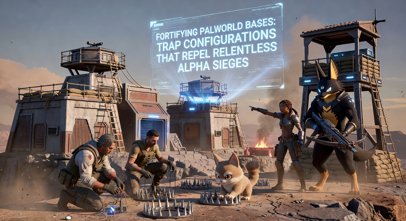 Close-up of an advanced trap chokepoint in Palworld, showing layered Land Mines, Rocket Launchers, and Tesla Coils shredding an Alpha Pal horde