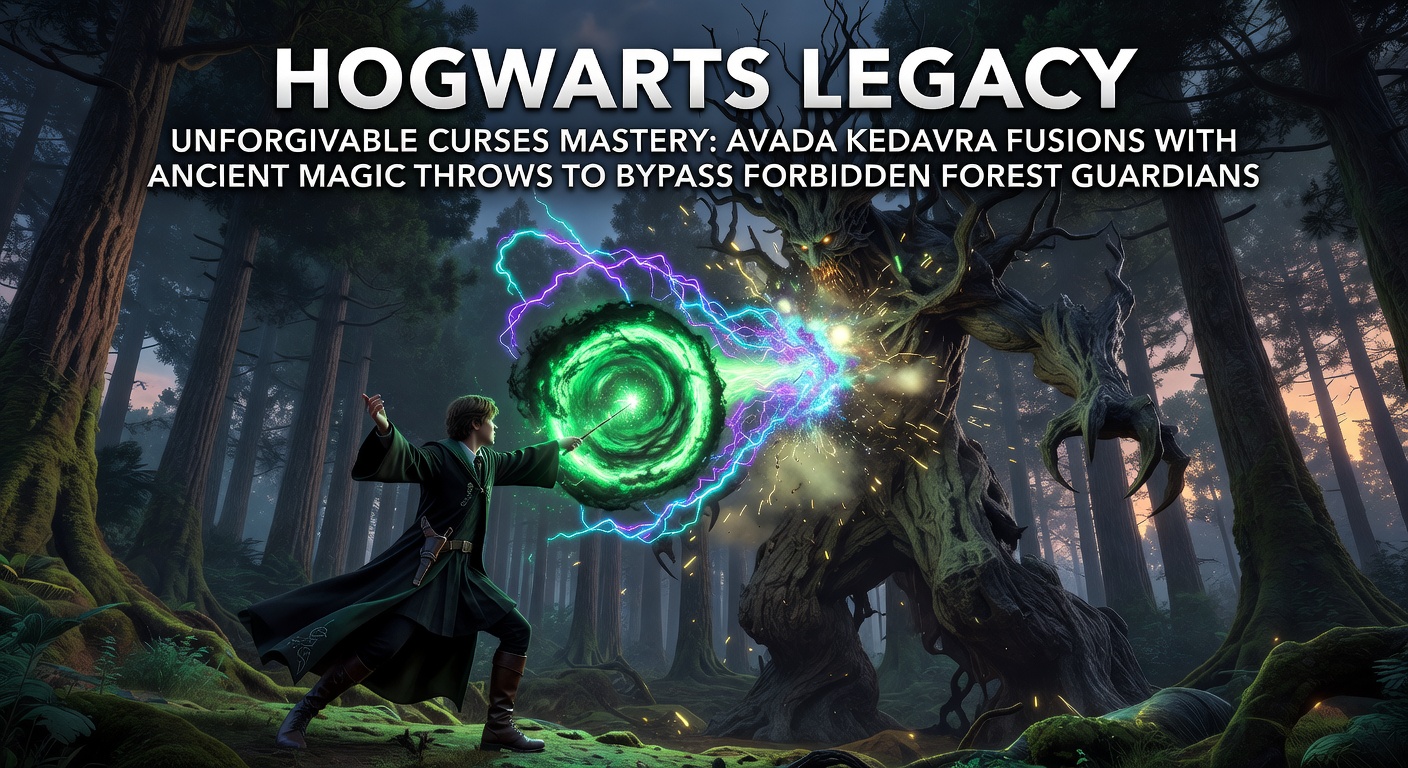 A green Avada Kedavra curse beam fusing with swirling ancient magic orbs mid-flight toward shadowy Forbidden Forest guardians, capturing the instant one-shot bypass mechanic in action