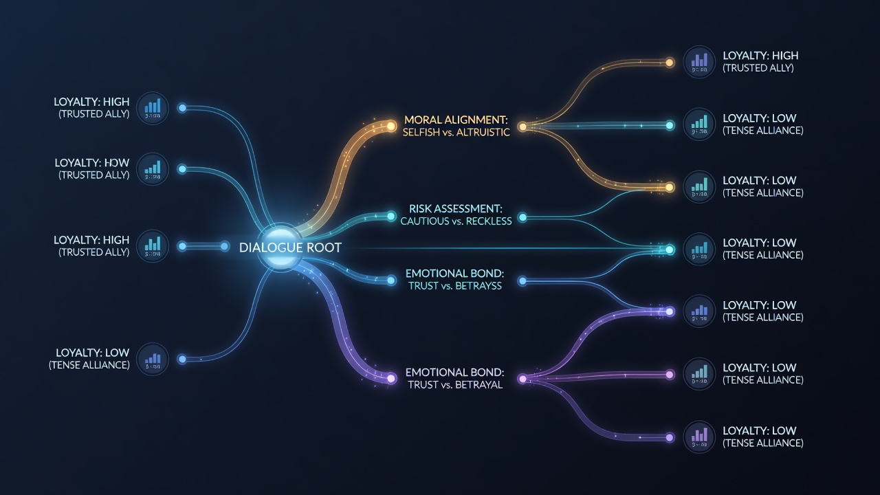 Diagram showing branching dialogue tree structures with loyalty threshold markers in an RPG interface