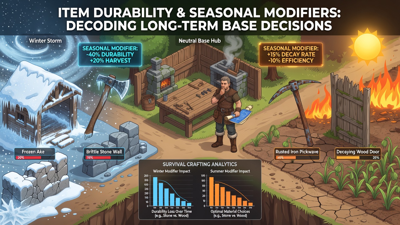 Survival crafting game interface showing item durability bars overlaid on a player-built base during a seasonal weather shift