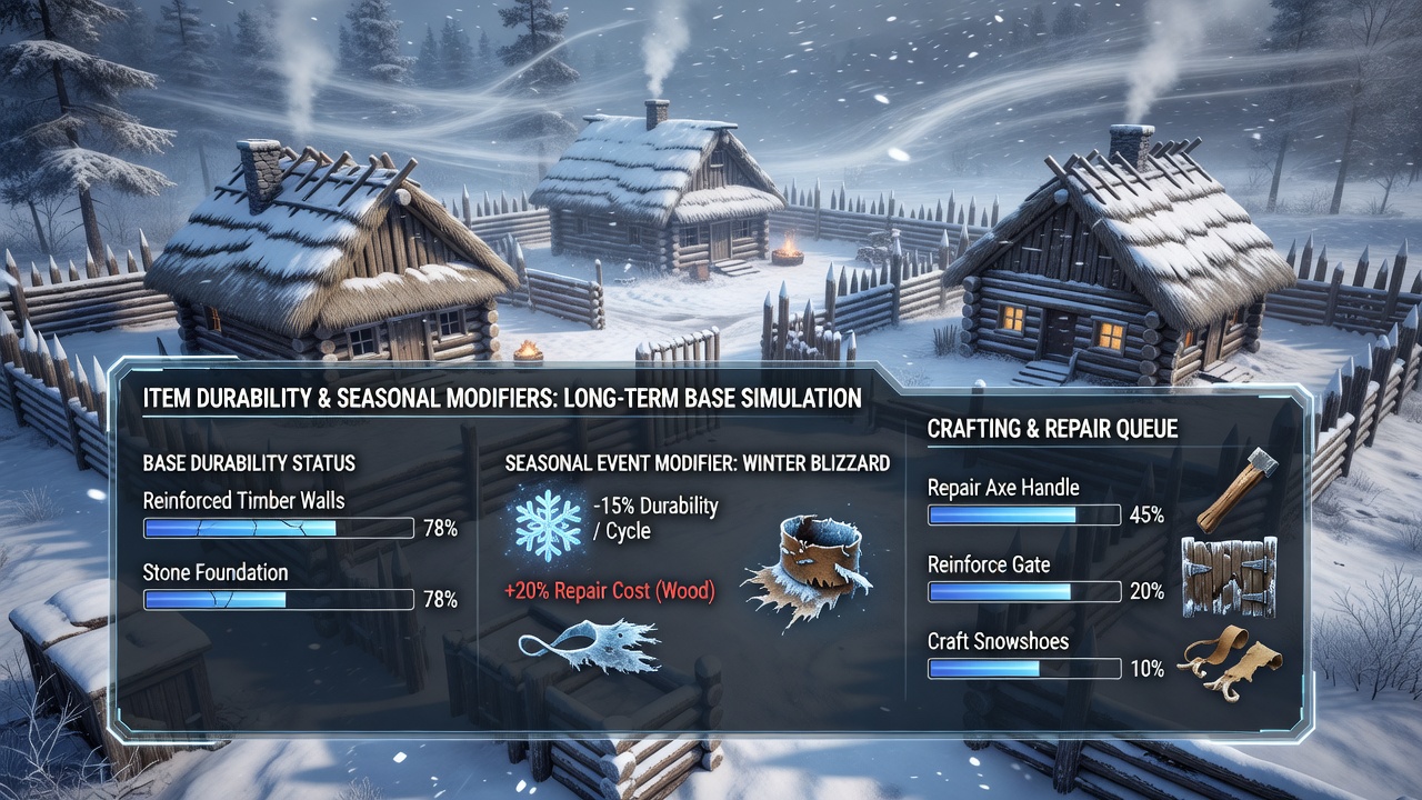 Detailed view of seasonal event modifier icons affecting durability stats on crafted items in a survival crafting interface