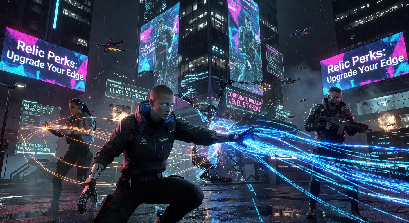 A netrunner daemon unleashing quickhacks on a towering corporate skyscraper in Night City, sparks flying from breached security nodes