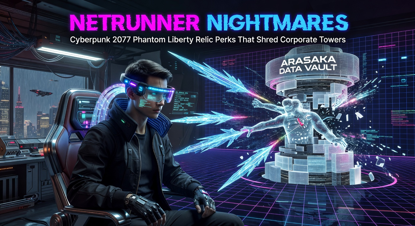 Close-up of a Relic perk tree glowing in V's interface, highlighting Jailbreak and Overclock nodes amid a corporate net breach visualization
