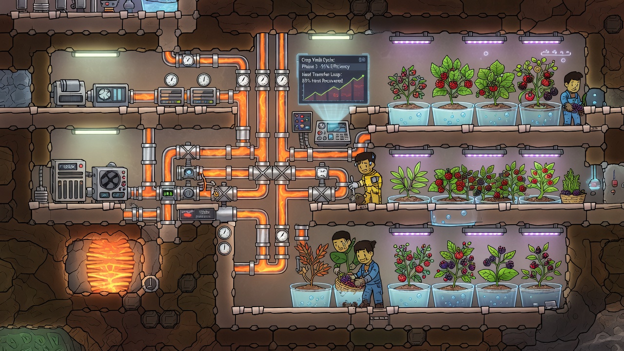 Detailed view of insulated farm rooms with active heat pipes and growing crops in Oxygen Not Included
