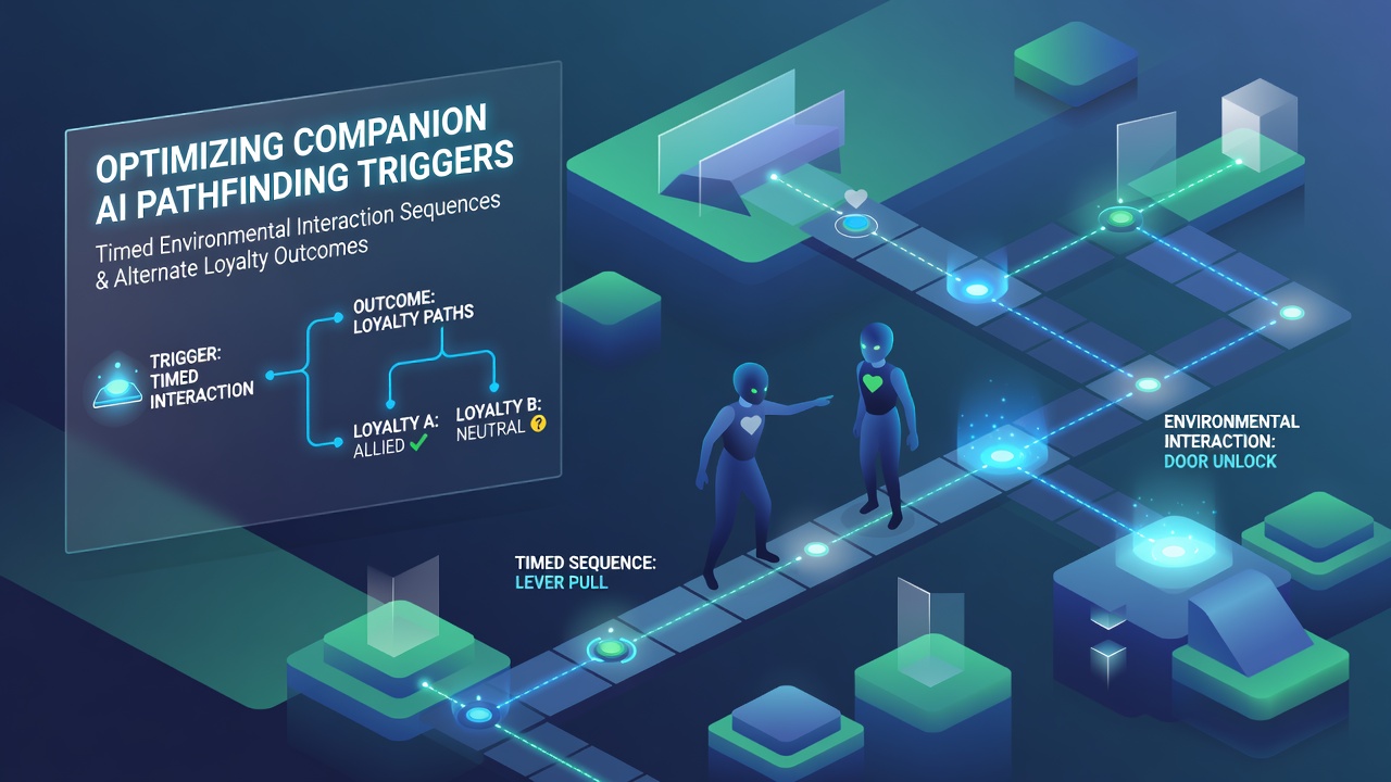 Visualization of companion AI navigating timed environmental sequences in a narrative adventure setting