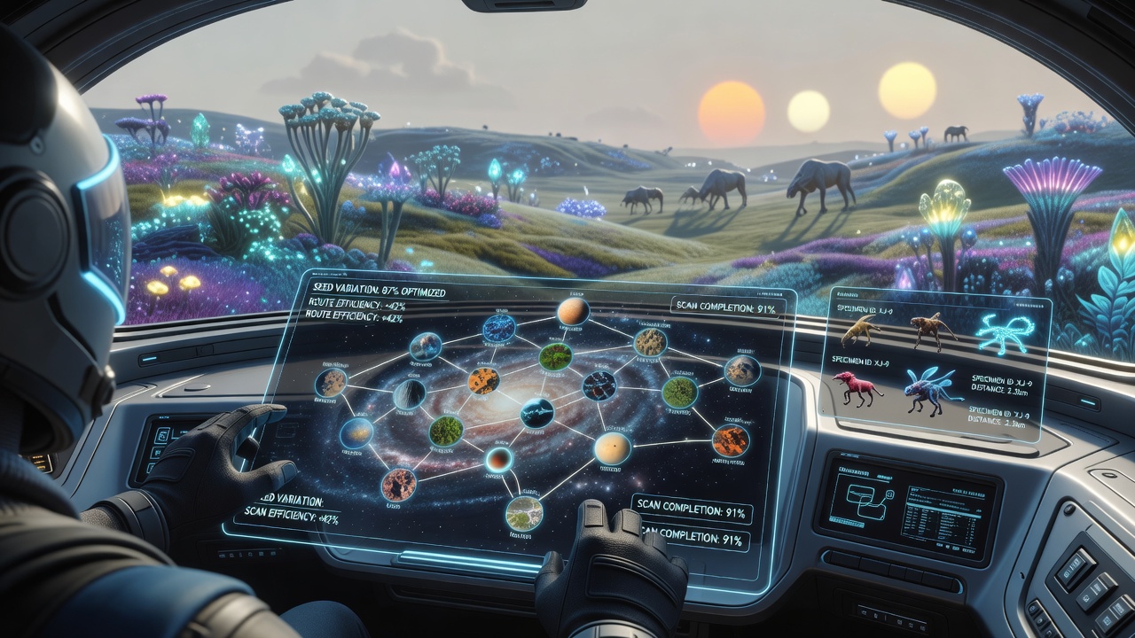 No Man's Sky exobiology scanning route visualization showing procedural seed data overlays on planetary maps