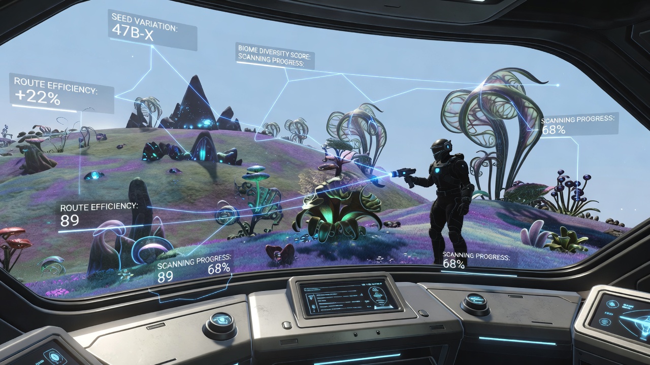 Detailed No Man's Sky planetary surface with highlighted exobiology scanning hotspots and seed variation markers