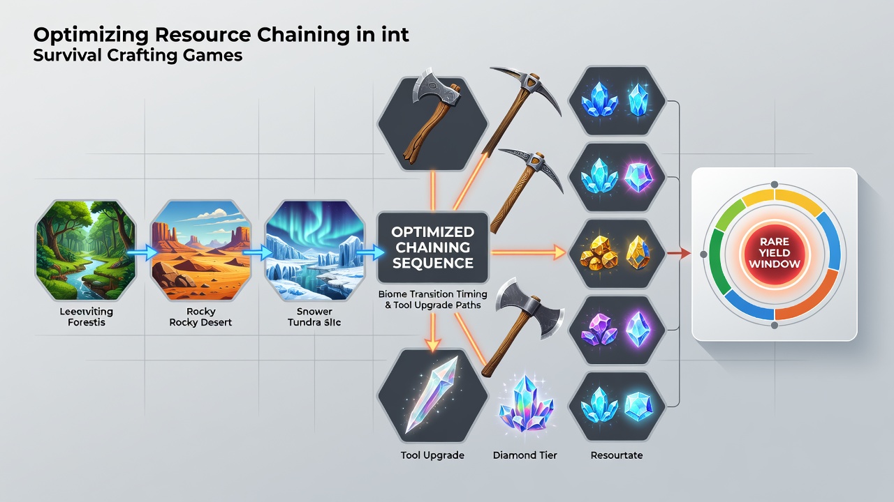 Players navigating biome transitions in a survival crafting game to chain resources during an event window