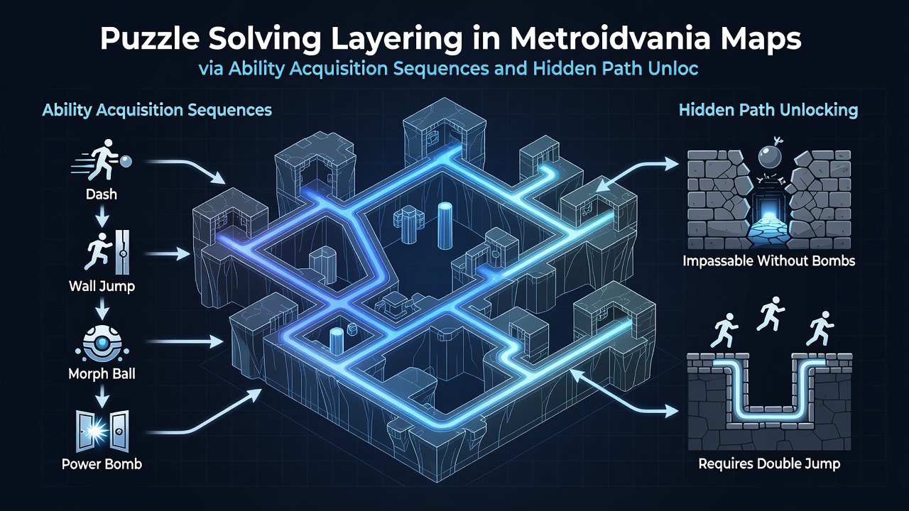 In-game screenshot illustrating sequential ability use to reveal and traverse a concealed route in a Metroidvania environment