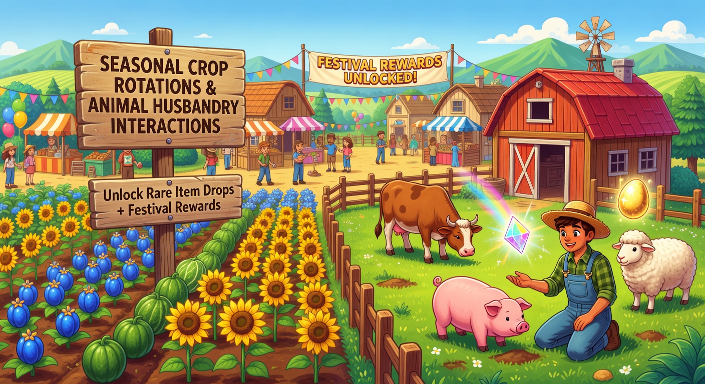 Detailed view of a Stardew Valley farm layout with seasonal crop fields and nearby animal barns during spring planting