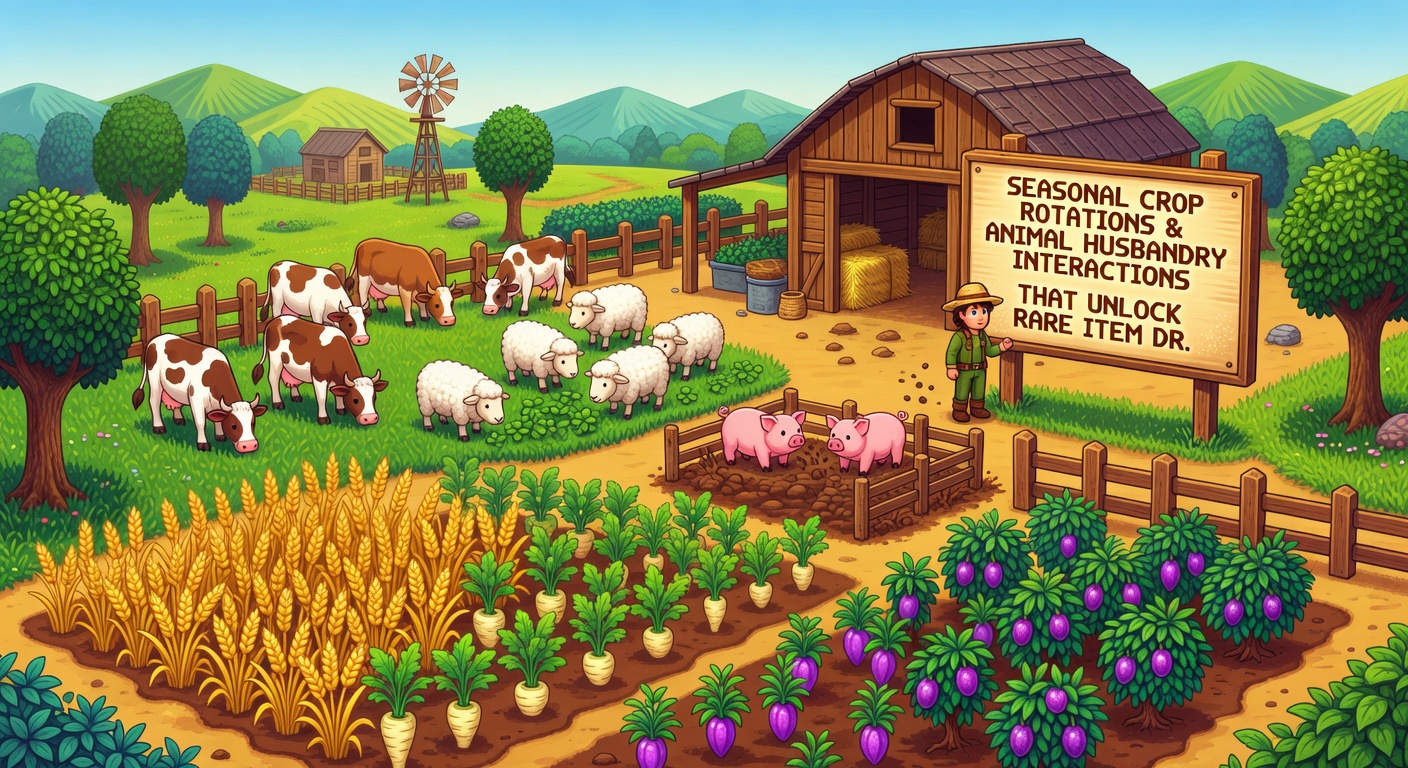 Stardew Valley livestock area with barns, silos, and adjacent crop fields showing integrated farming setup