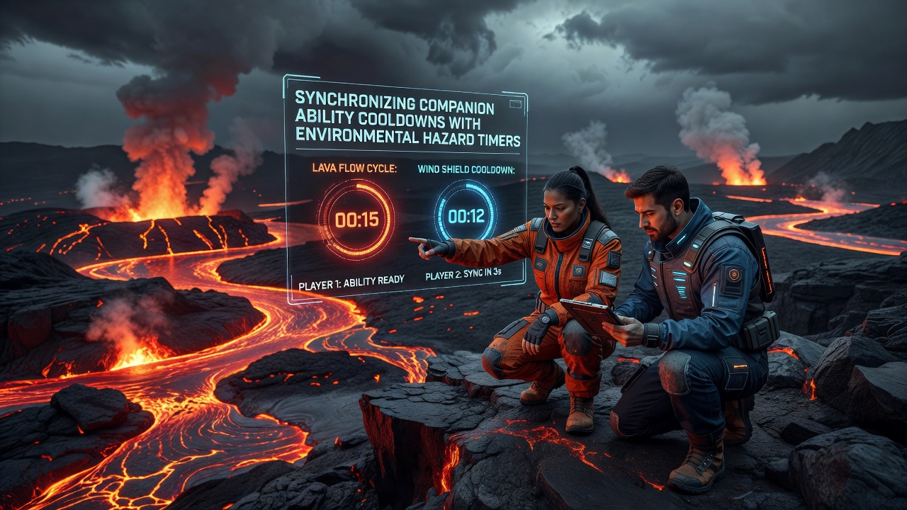 Players coordinating companion abilities around a timed environmental storm in a survival crafting game
