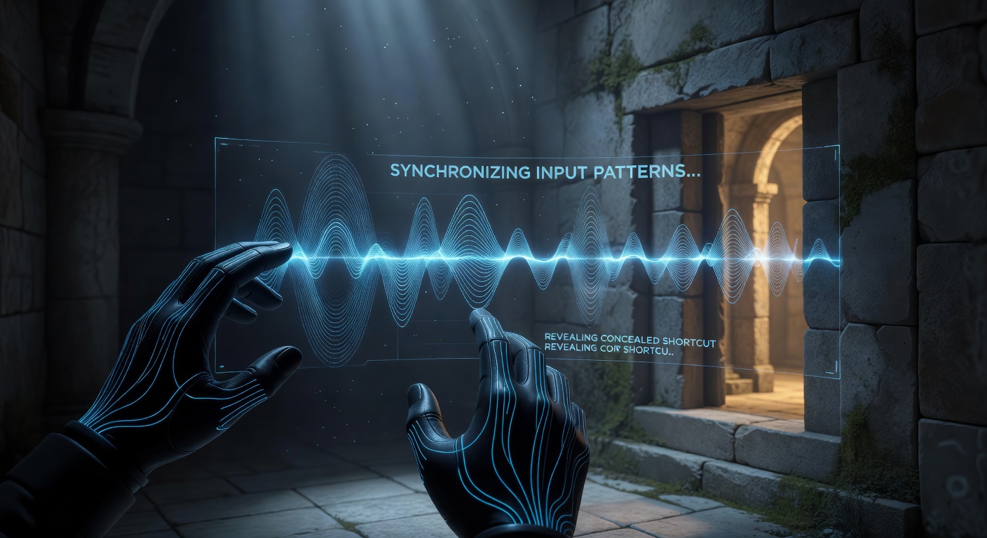 Atmospheric narrative adventure scene showing environmental audio visualization and controller input synchronization