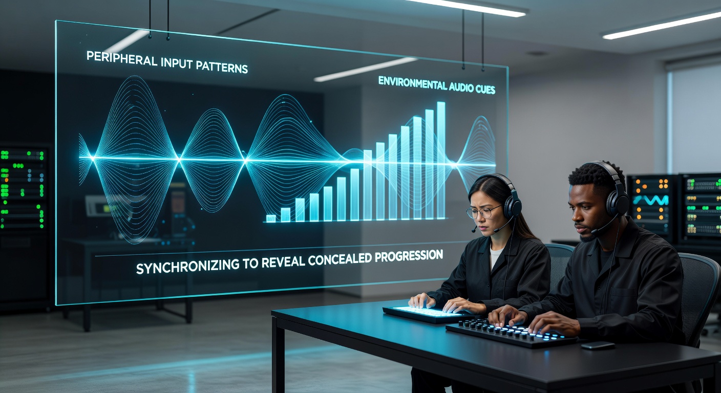 Close-up of synchronized controller inputs matching environmental audio waveforms in a narrative game setting