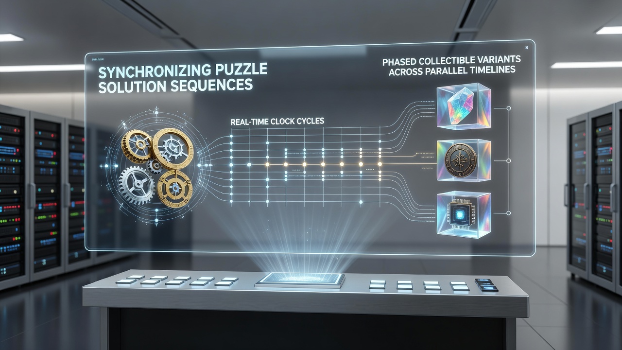 Diagram showing real-time clock cycles aligned with puzzle sequences for accessing phased collectibles in parallel timelines