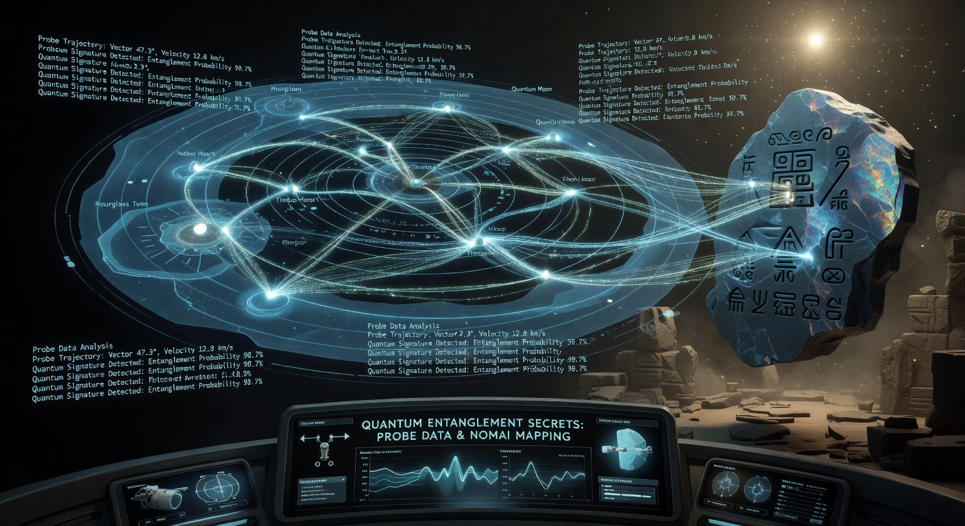 Detailed map overlay showing Nomai ruins locations and quantum probe trajectories across the Outer Wilds solar system
