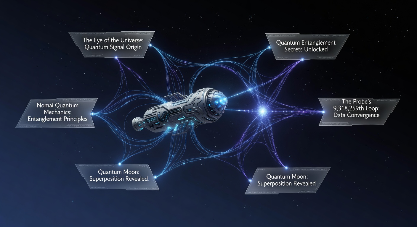 Nomai ruins interior with overlaid quantum probe data streams and entanglement diagrams