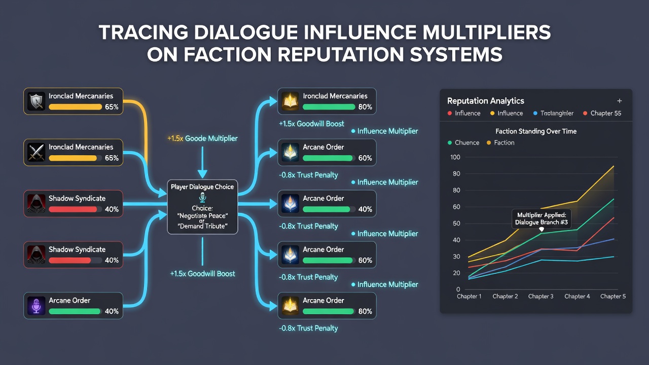 Flowchart illustrating how dialogue branches apply reputation multipliers across multiple factions in narrative RPGs