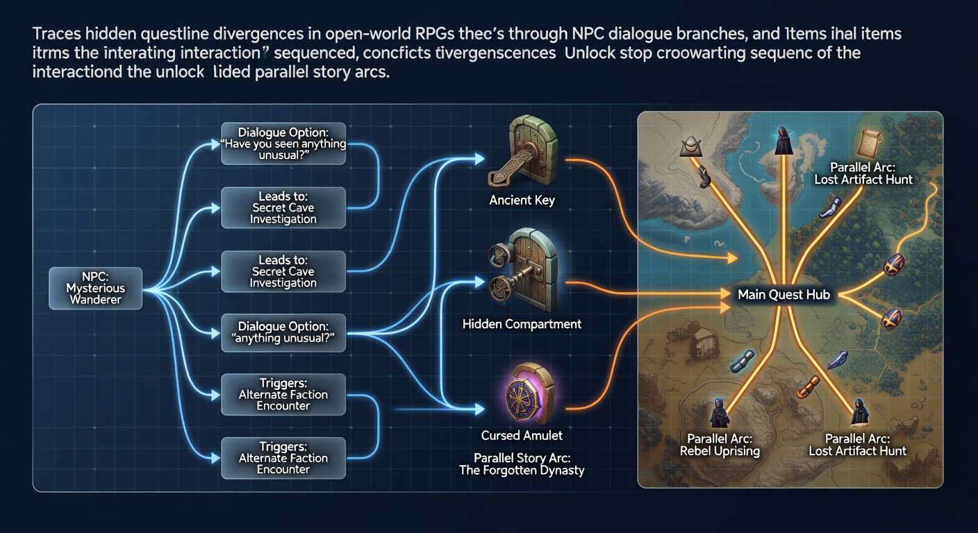 Detailed view of NPC dialogue branches in an open-world RPG environment showing multiple choice paths