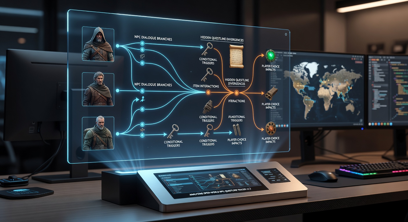Player character examining interactive items that trigger quest divergences in an expansive RPG world
